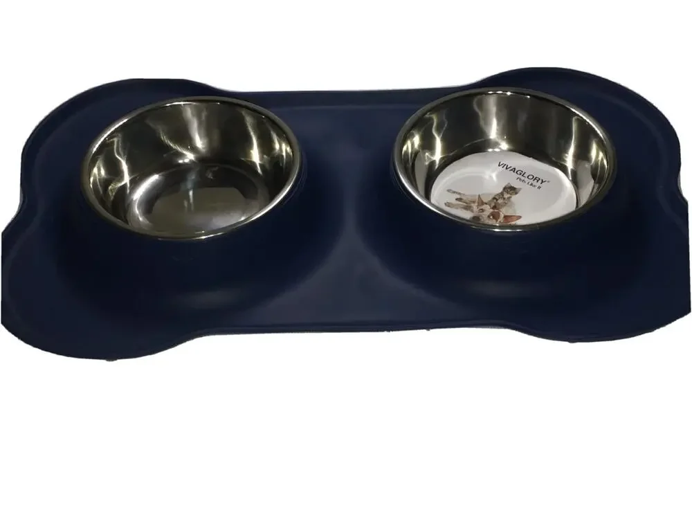 Vivaglory Dog Stainless Steel Water & Food Bowl Pet Cat Feeder With Silicone Mat